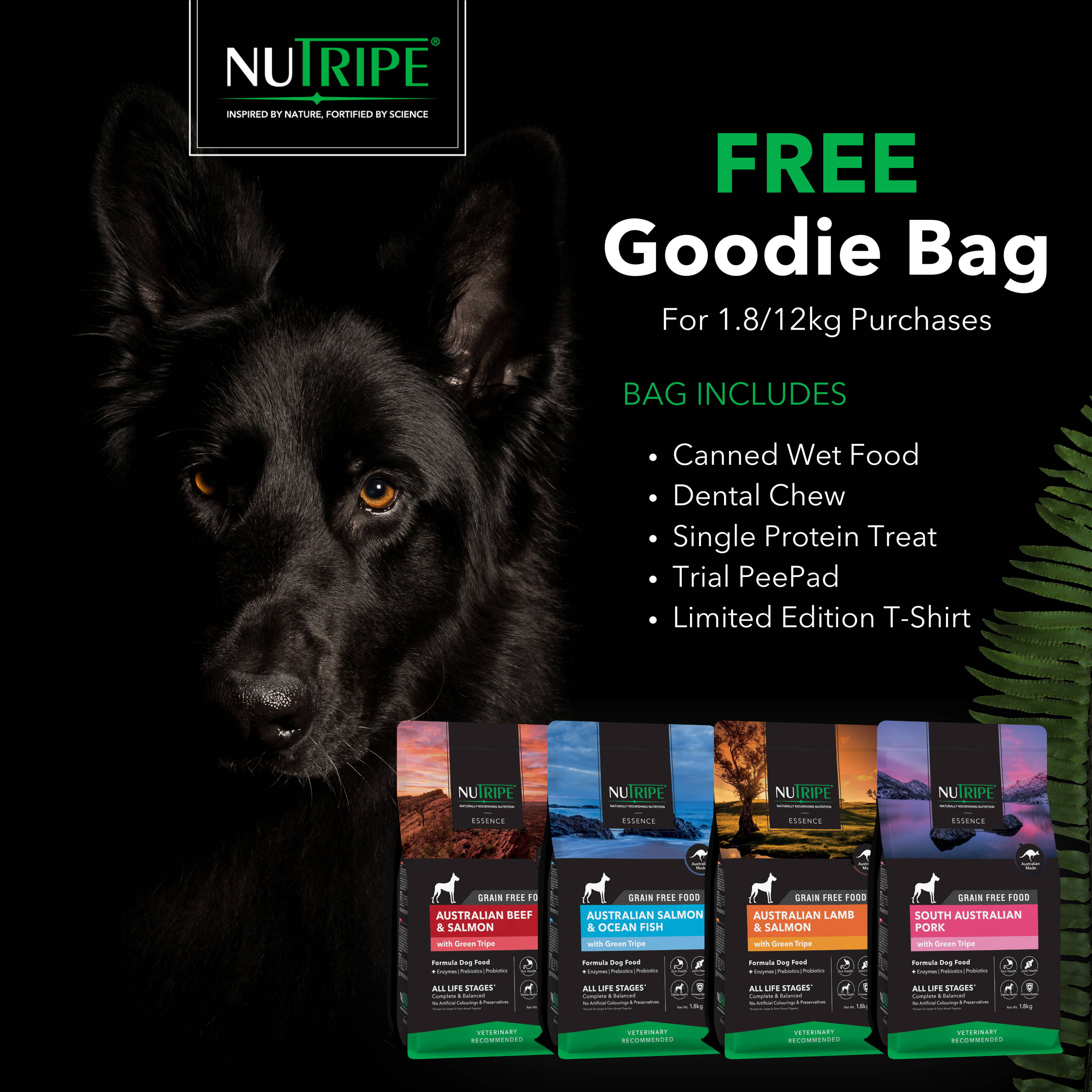 Nutripe Essence Dog Food with free goodie bag for evvery 1.8kg or 12kg bag purchase.