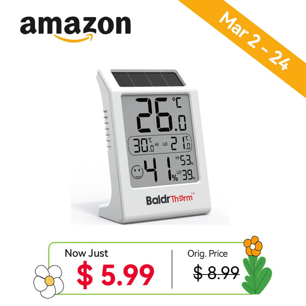 Digital weather station showing temperature, humidity, and promotional pricing information.