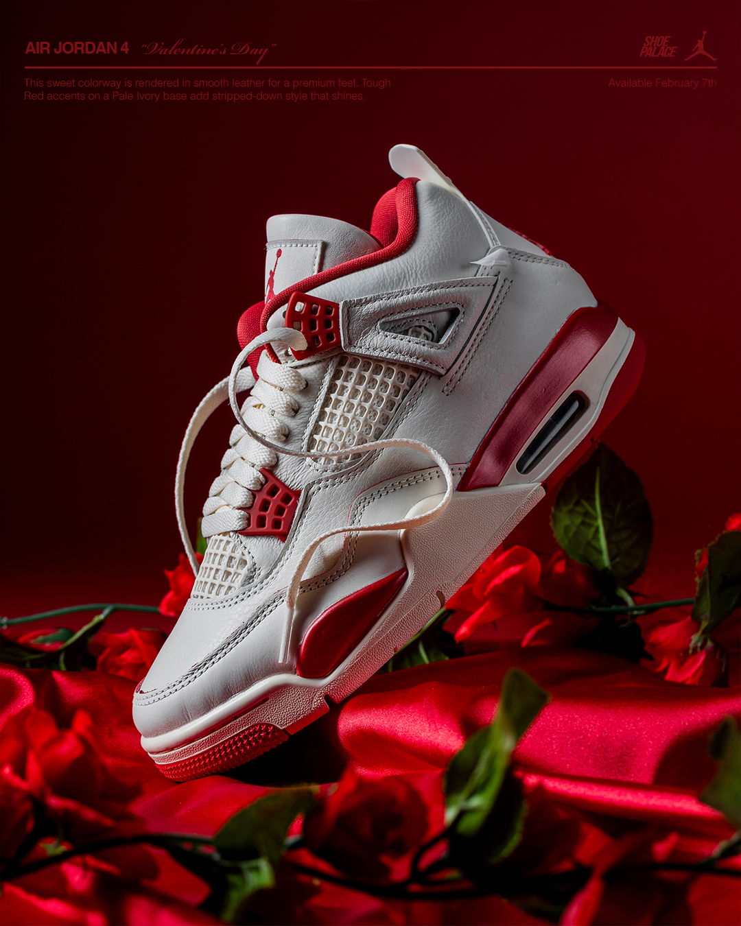 Air Jordan 4 - White and red sneaker displayed on red rose petals.