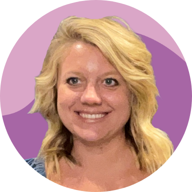 Smiling person with blonde hair in a circular purple background.