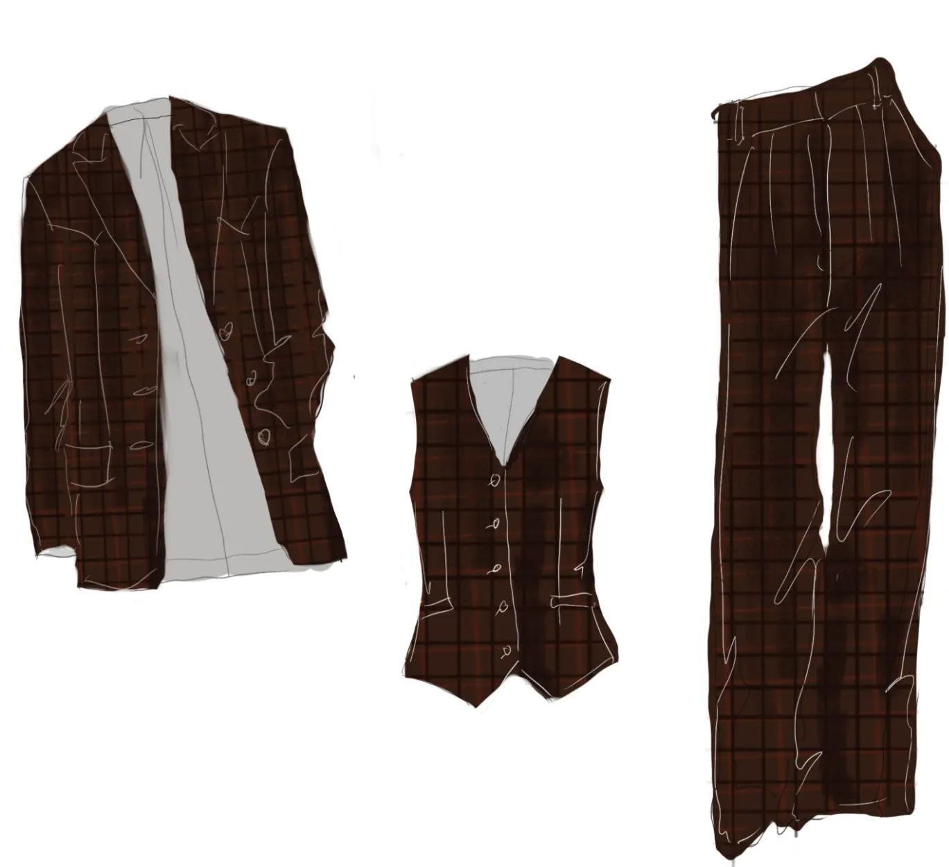 Brown plaid suit consisting of a blazer, vest, and trousers.