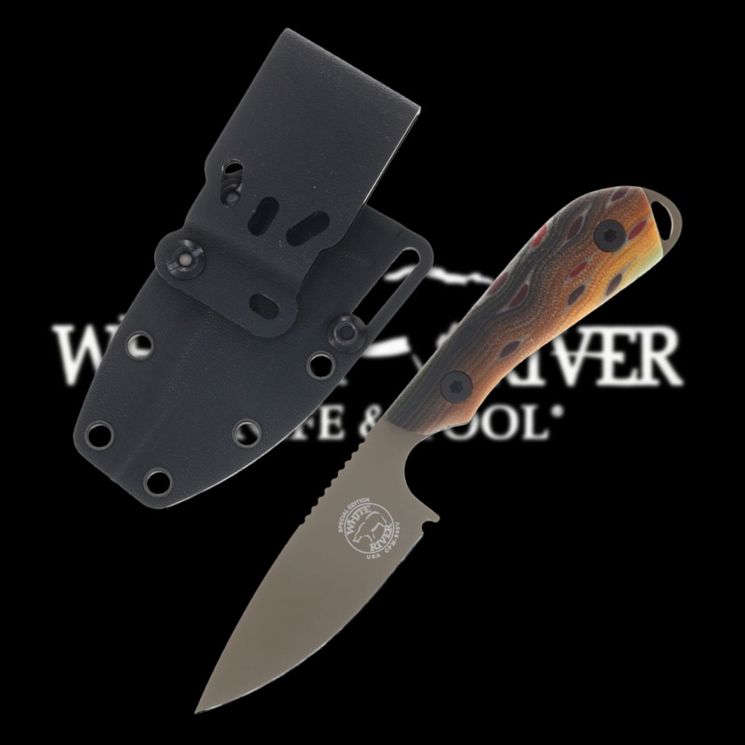 Knife with a handle and sheath against a black background.