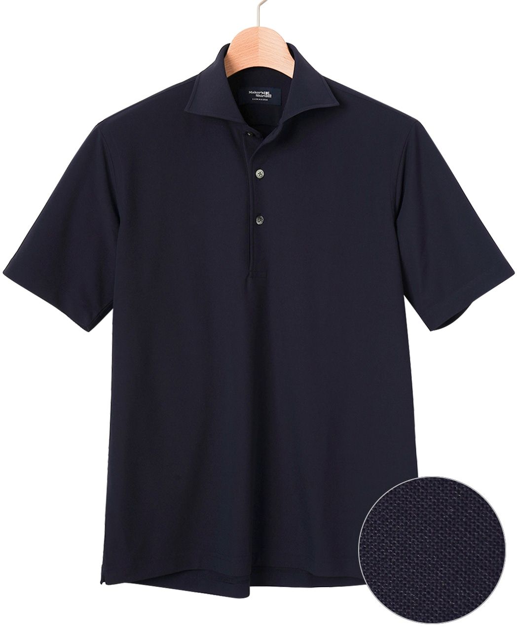Navy blue short-sleeve polo shirt on a hanger with fabric swatch.