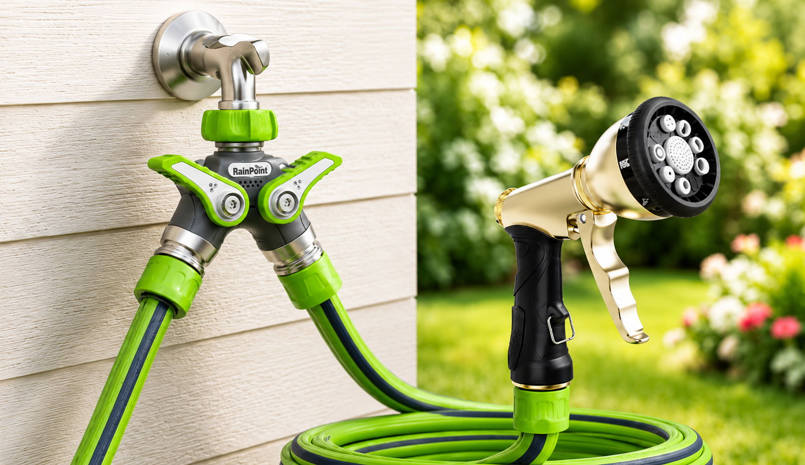 Garden hose with spray nozzle and connector in a green outdoor setting.