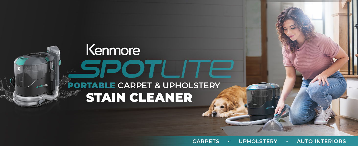 Kenmore SpotLite portable carpet and upholstery stain cleaner with a woman and dog.