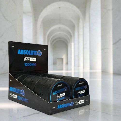 Display of ABSOLUTE products in a modern, marble-floored environment.