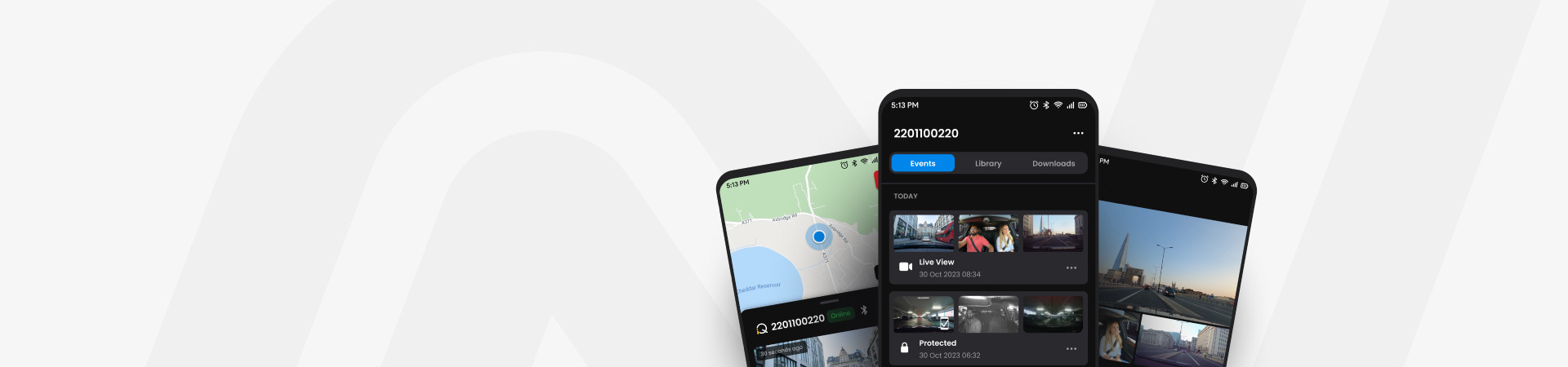 Three smartphones displaying various applications against a light background.