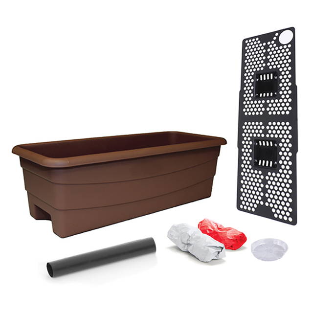 A chocolate brown EarthBox Junior container gardening system which includes the container, aeration screen, water fill tube, 2 mulch covers, and 1 overflow saucer