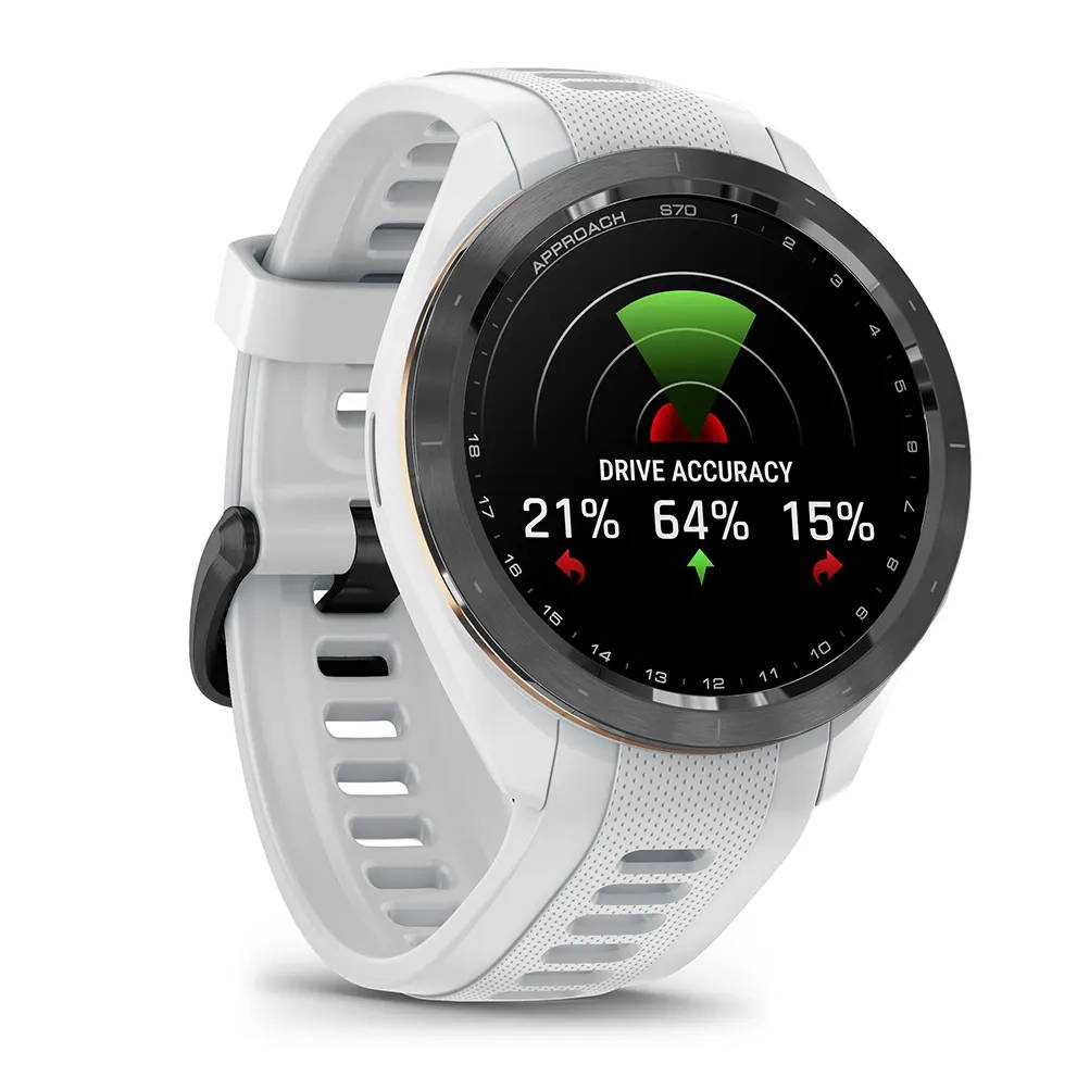 White 42 mm Garmin Approach S70 with drive accuracy stats on the screen