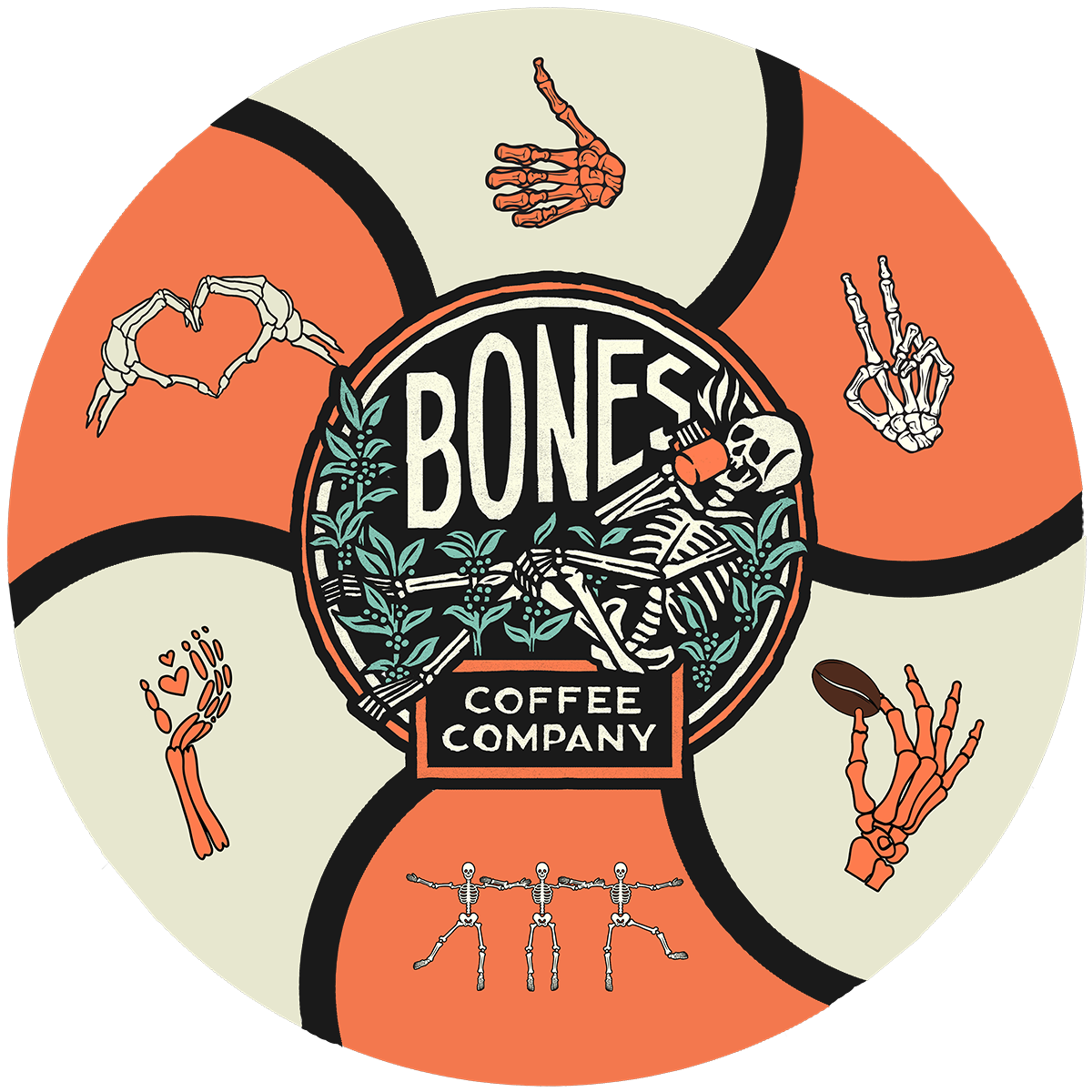 A circle with the Bones Coffee Company logo in the center. There are three skeletons dancing together and skeletal hands giving a peace sign, heart sign, thumbs up, with hearts coming out of its palm, and pinching a coffee bean around the circle.