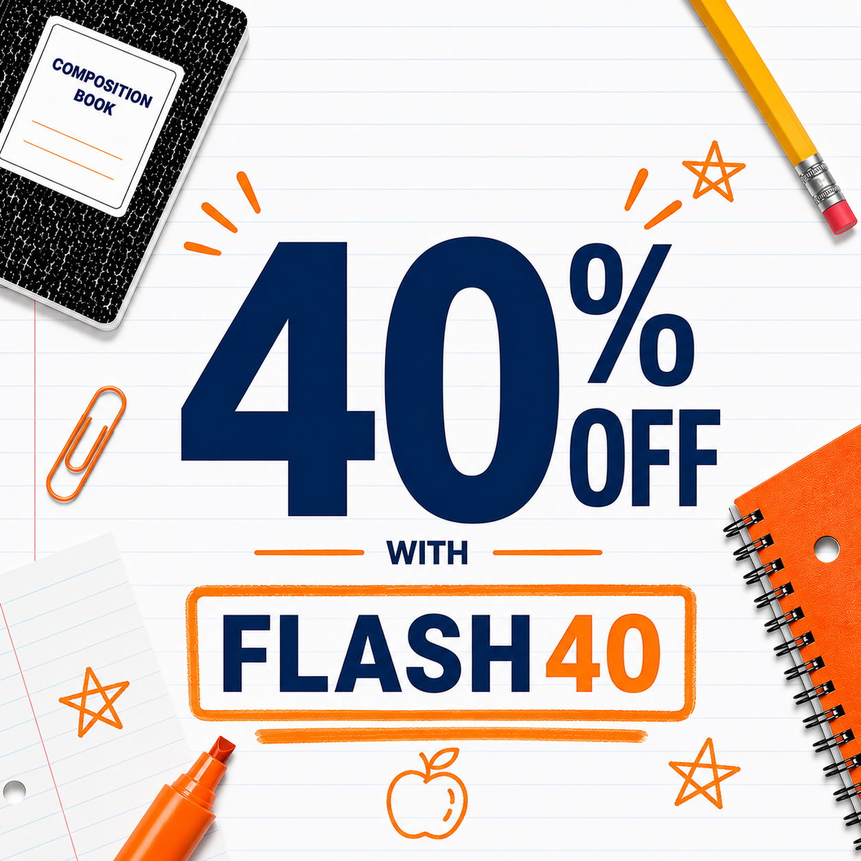 40% off with FLASH40, featuring school supplies and stationery.