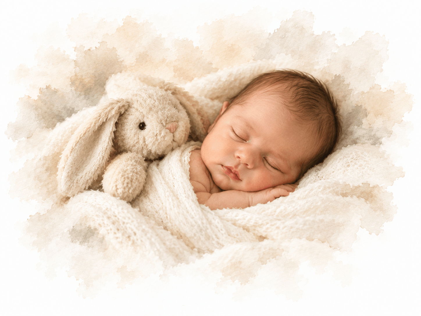 Sleeping baby wrapped in a blanket with a stuffed bunny.