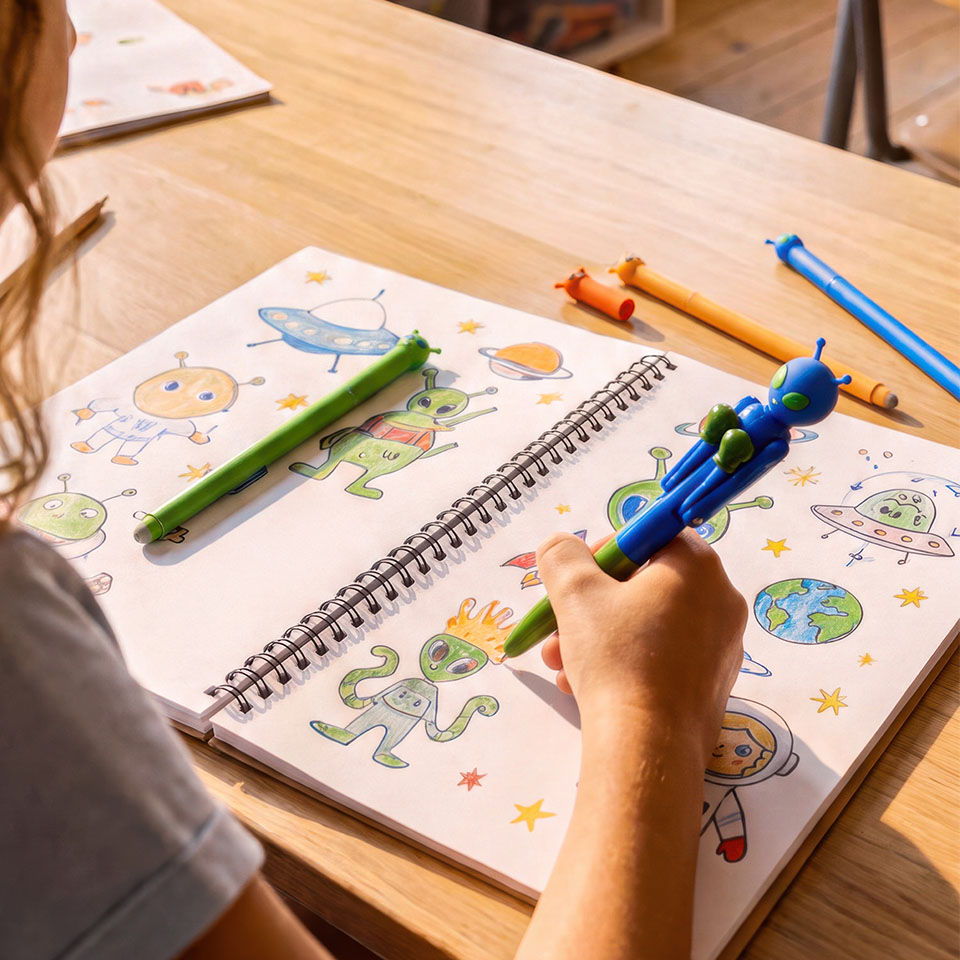 Child coloring in a sketchbook with colorful pens on a wooden table.