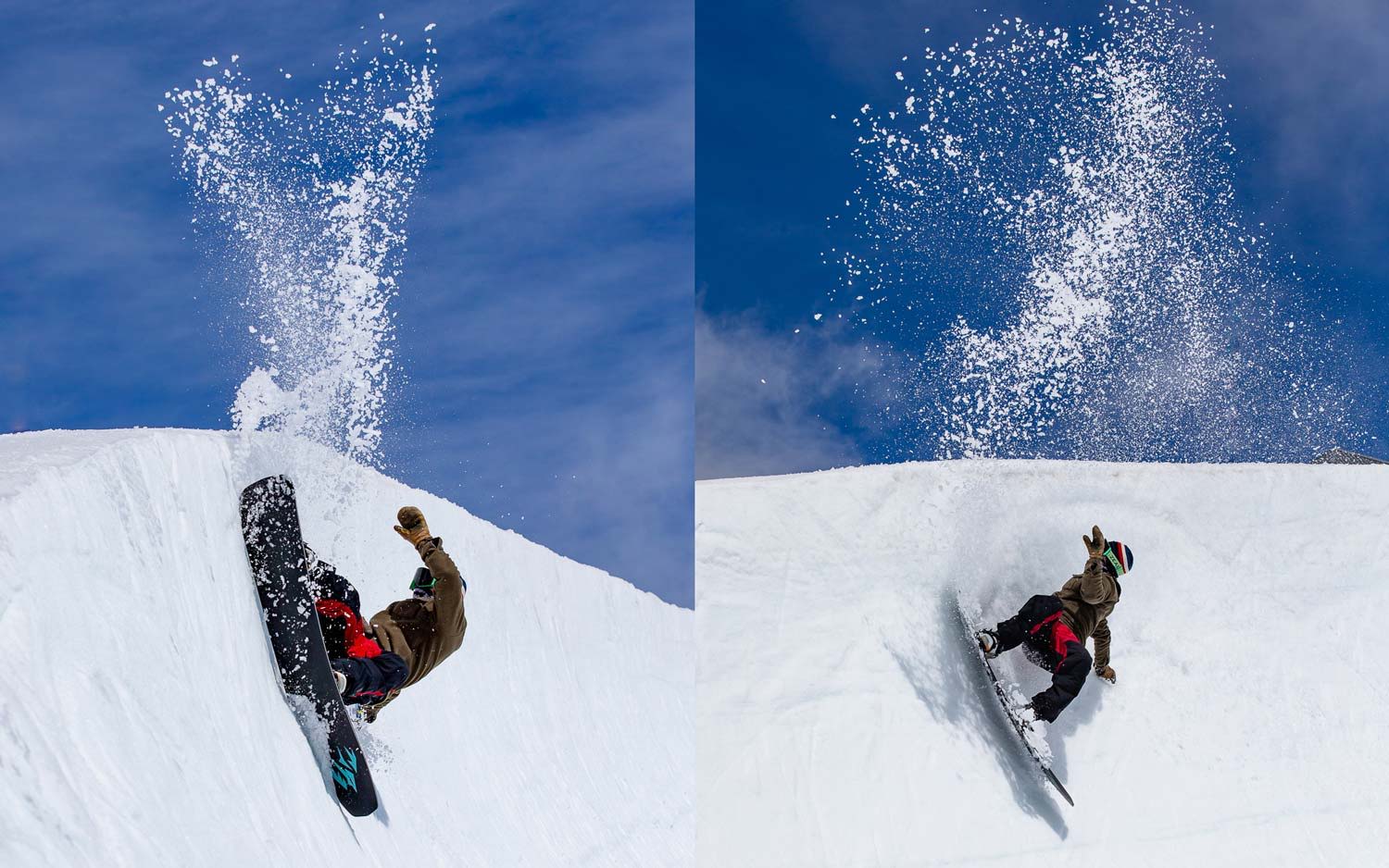Snowboarder performing tricks on a snowy slope against a blue sky.