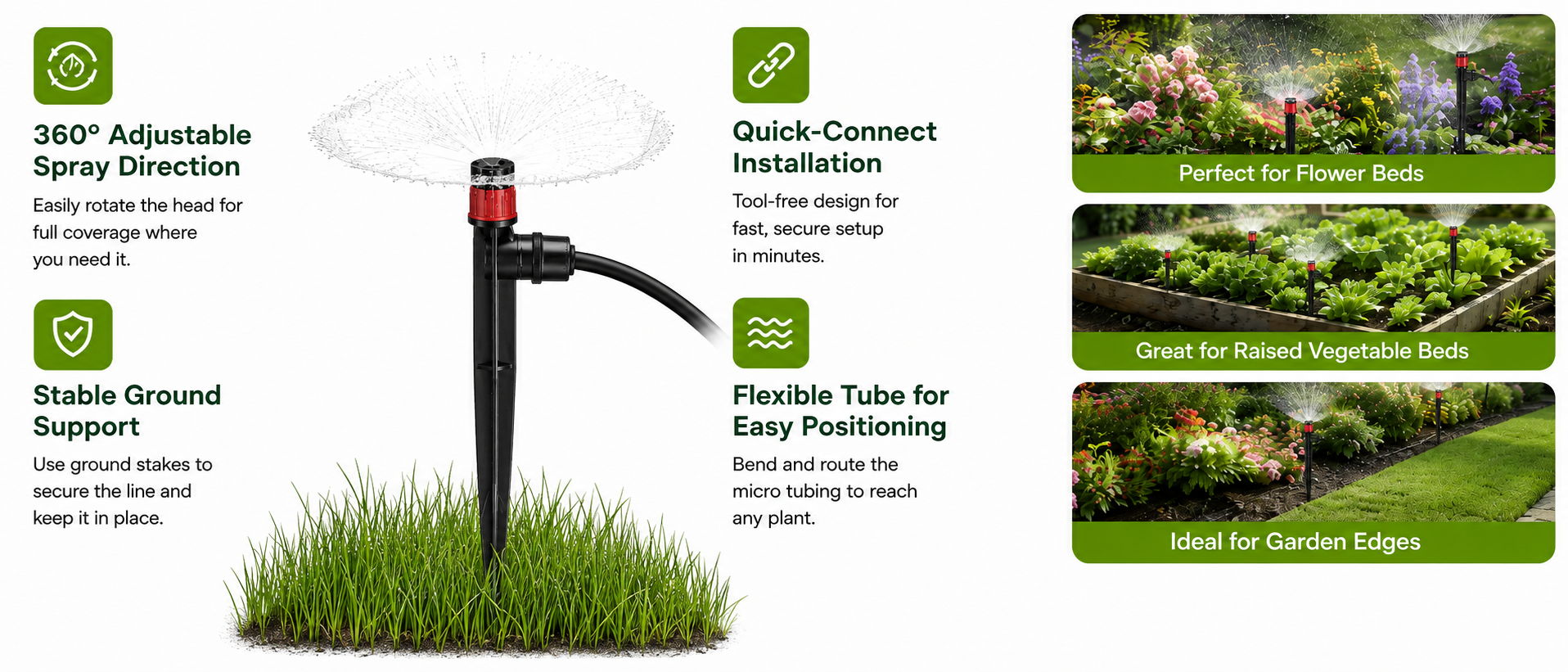 Automatic irrigation system with features and benefits listed.