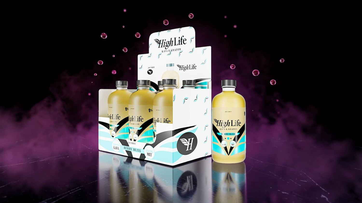 Three bottles of drink displayed on a promotional stand with colorful background.