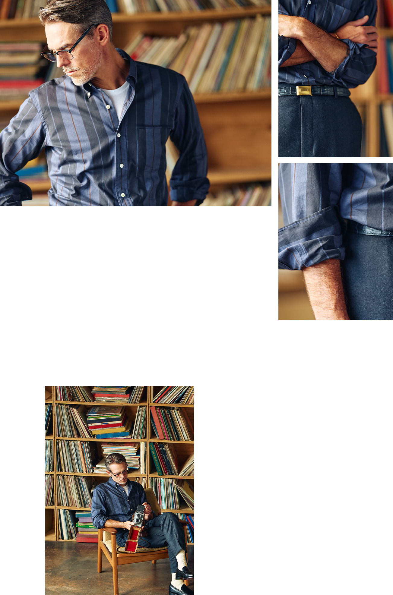 Man in a checkered shirt seated near bookshelves, looking thoughtful.