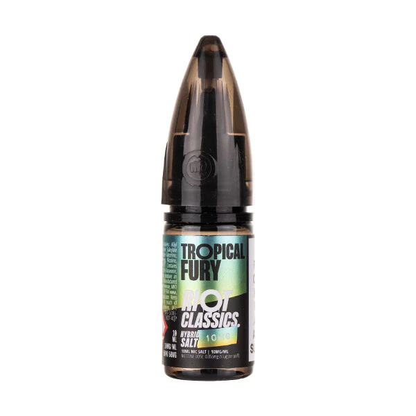 Bottle of Tropical Fury e-liquid with a black cap and colorful label.
