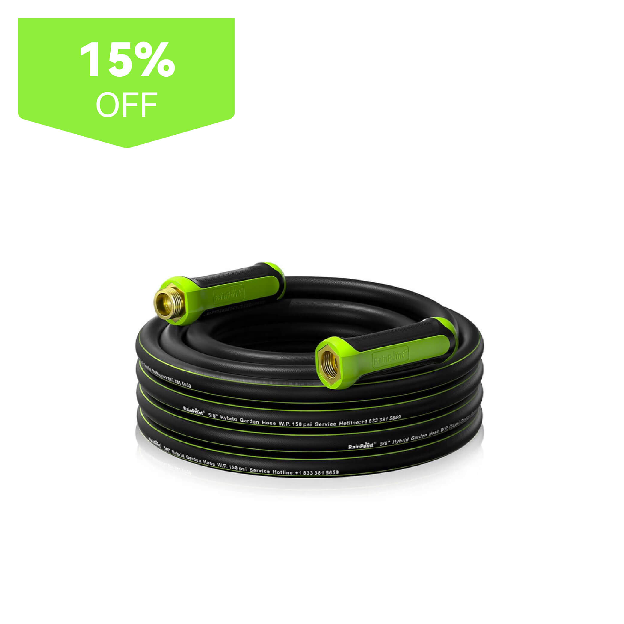 Black garden hose with green handles, featuring a 