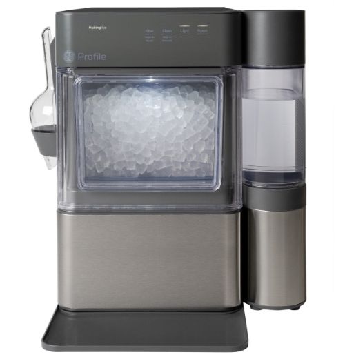 Ice maker machine with a transparent storage compartment and water reservoir.