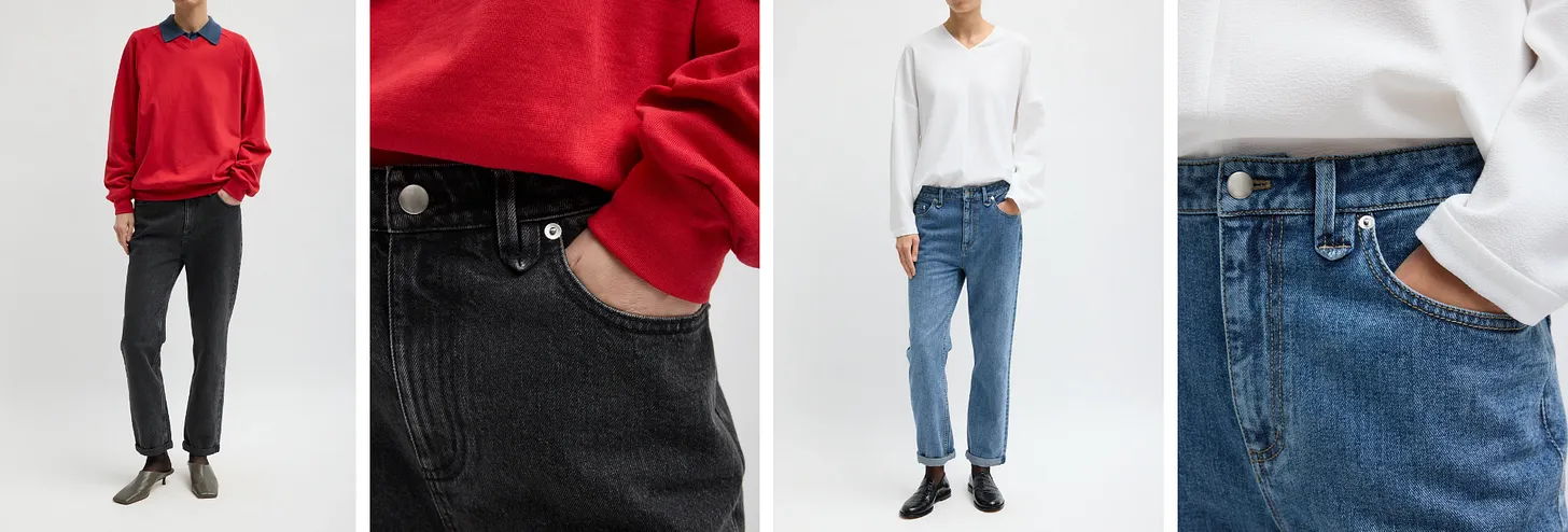 Four outfits featuring casual tops and jeans in various colors.