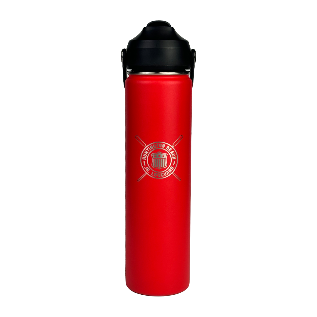 red metal water bottle on white background