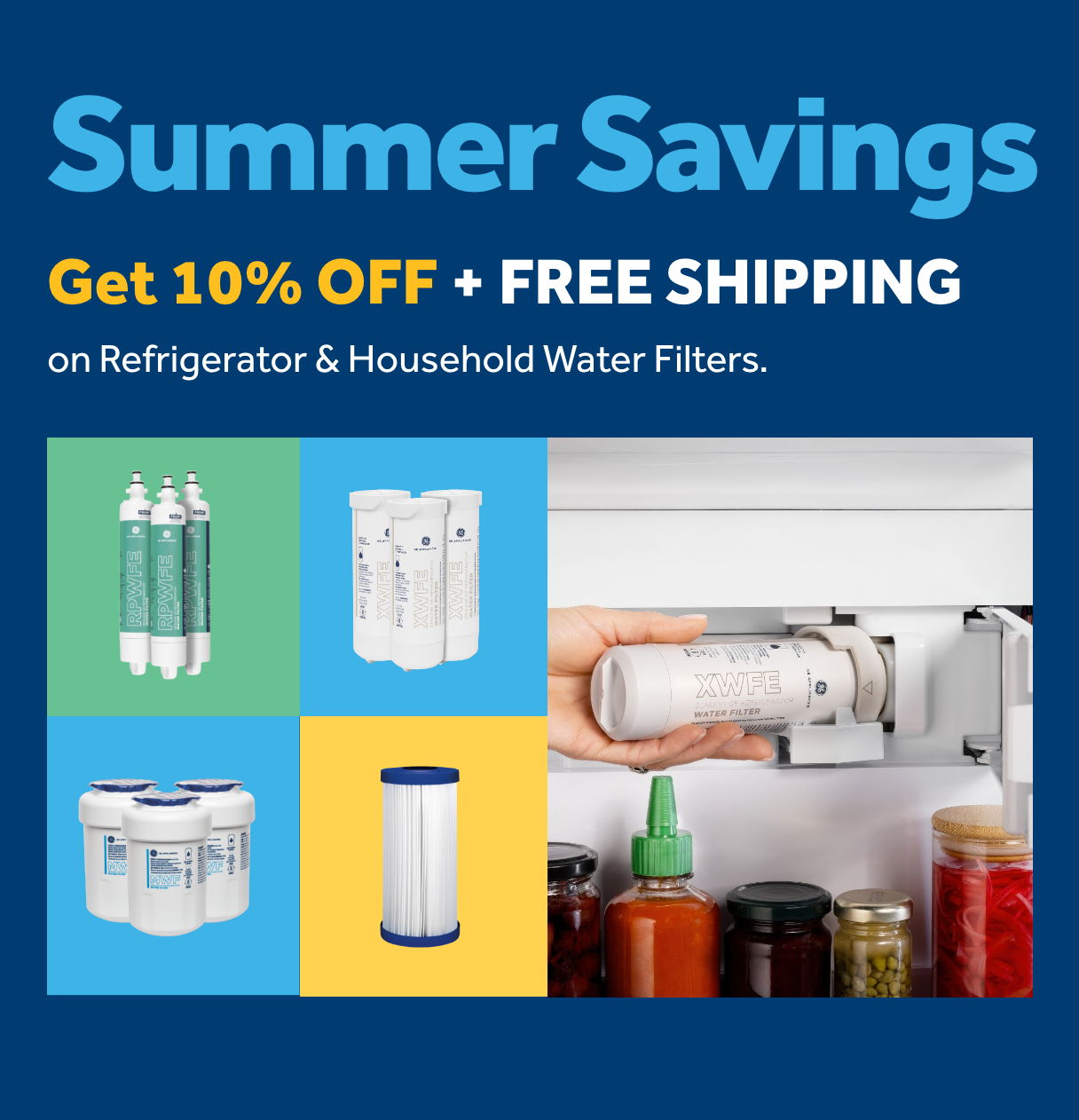 Summer savings on refrigerator and household water filters with discounts and free shipping.