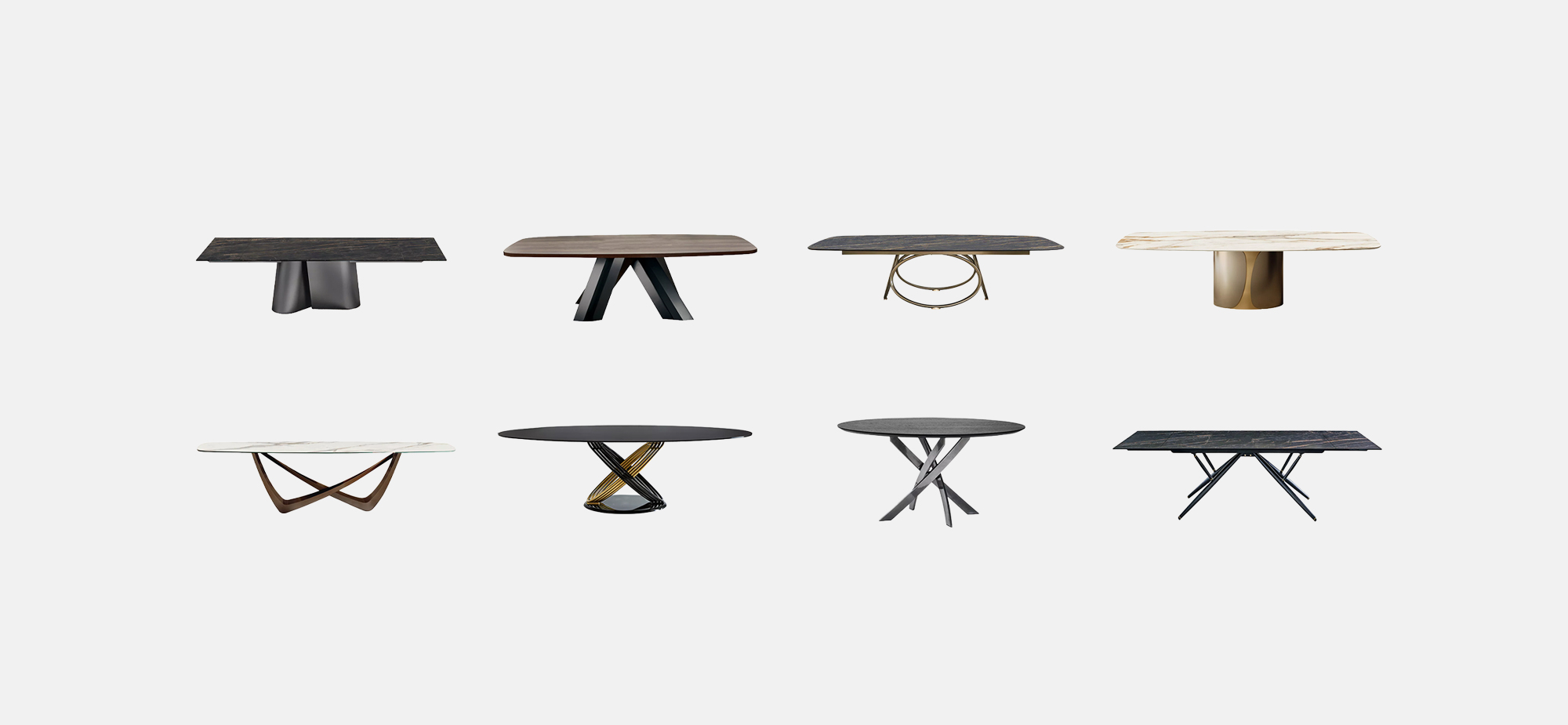 8 Bontempi Casa dining tables on a banner - Showcasing luxury table bases made from hand picked steel