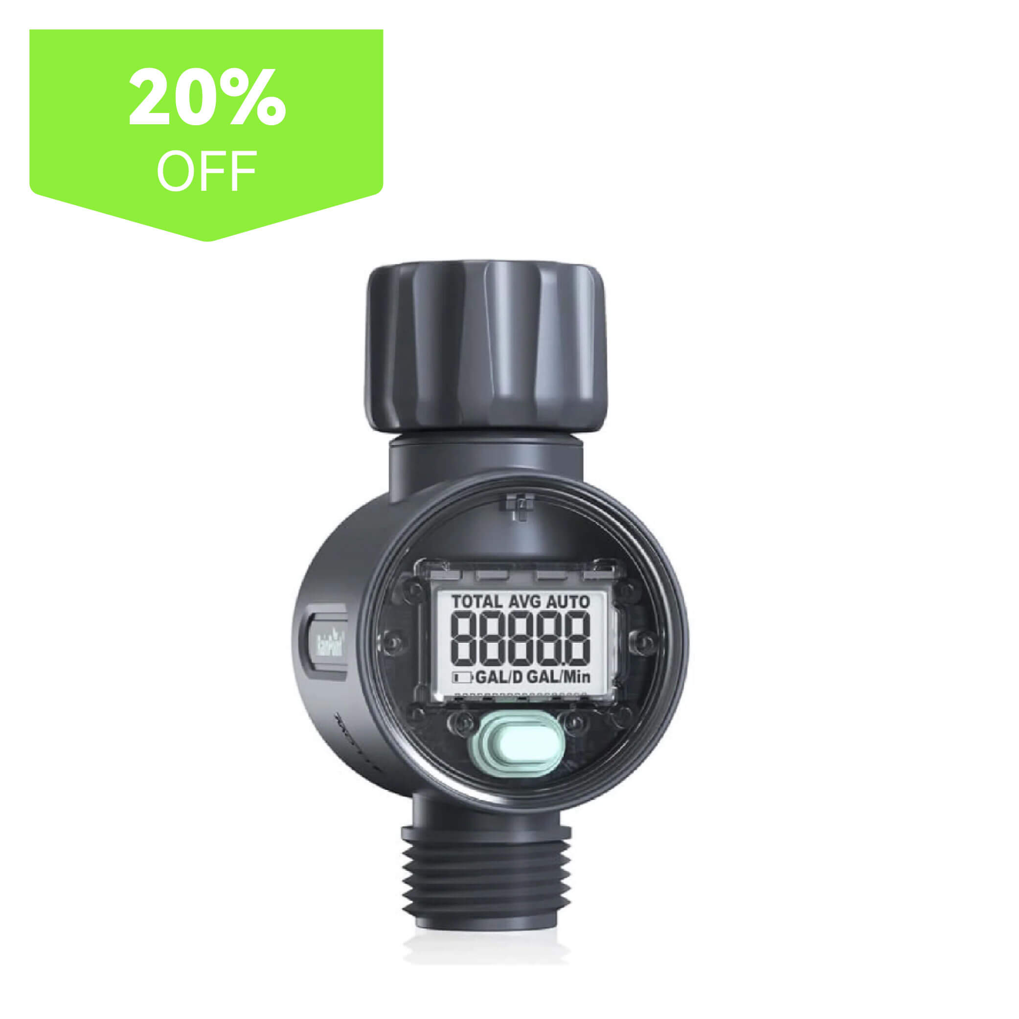 Digital water meter with a green 