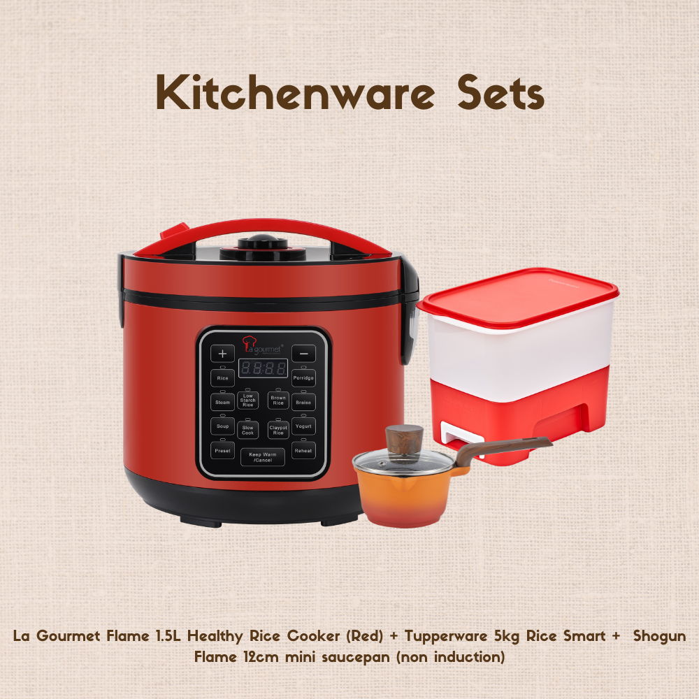 Kitchenware sets including a cooker and various containers.
