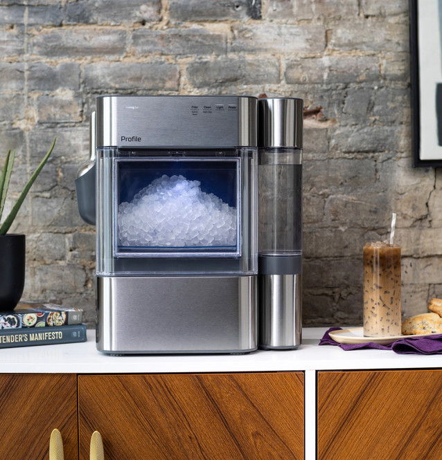 A countertop ice maker with ice and a plant nearby.