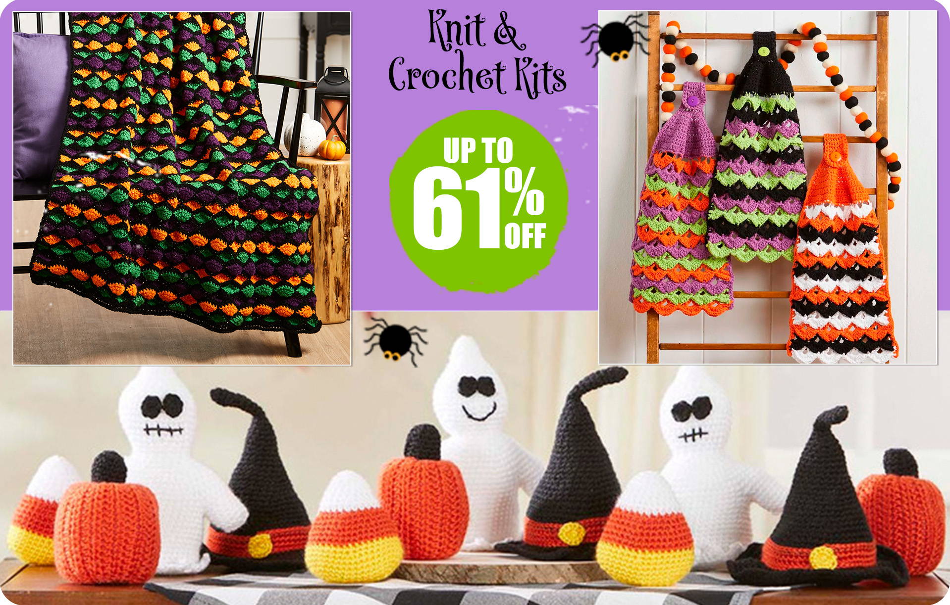 Yarn, Knit, and Crochet Kits up to 44% off! Image: Herrschners Happy Halloween Afghan Crochet Kit, Herrschners Worsted Yarns, and featured ami kit.