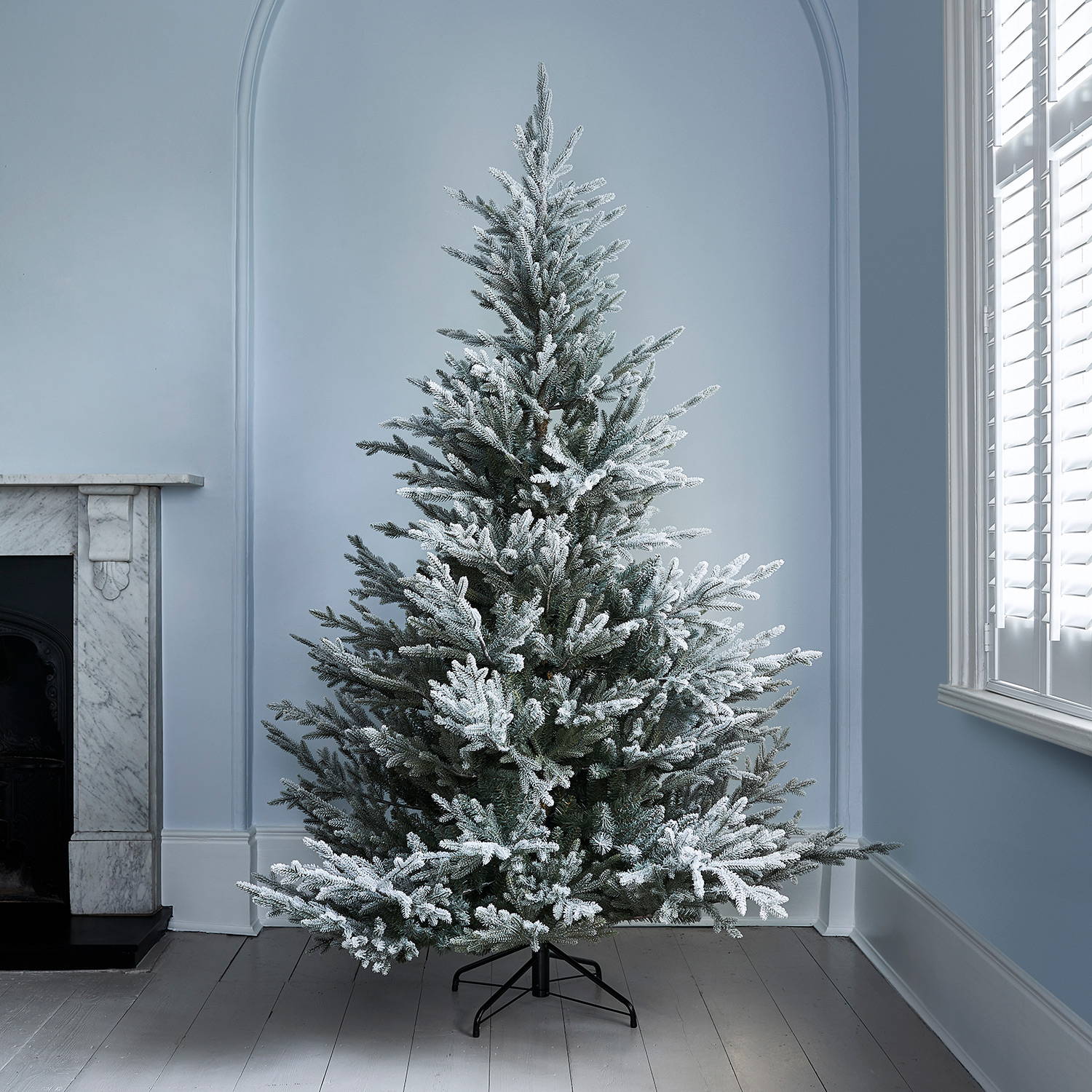 Image of frosted Christmas tree with no lights or decorations.
