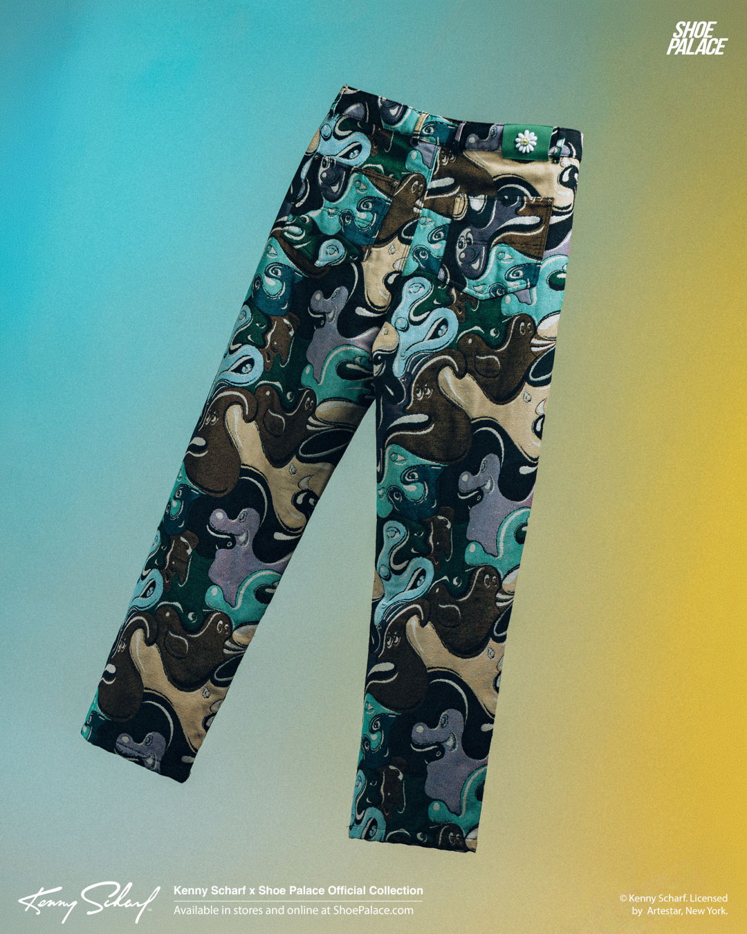 Patterned pants with abstract shapes in green, blue, and brown colors.