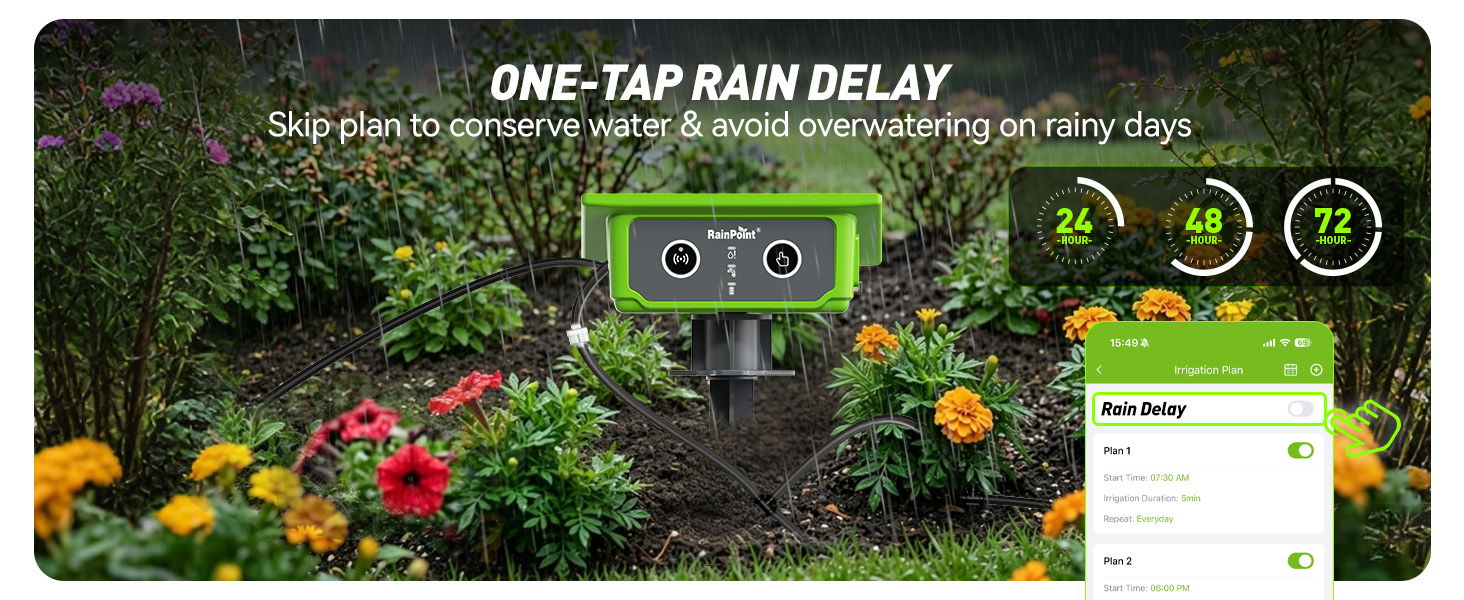 Image of a garden with flowers and a rain delay feature displayed.