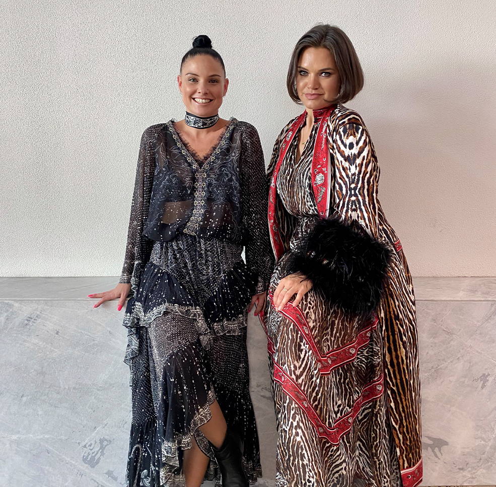 CAMILLA In-House Stylists wearing black and silver embellished blouse and skirt, red and leopard silk robe, blouse and skirt.