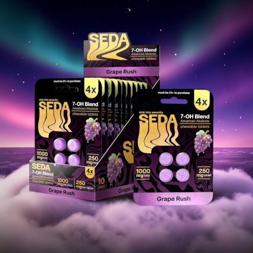 SEDA packaging with grape rush flavor, featuring multiple boxes and pills.