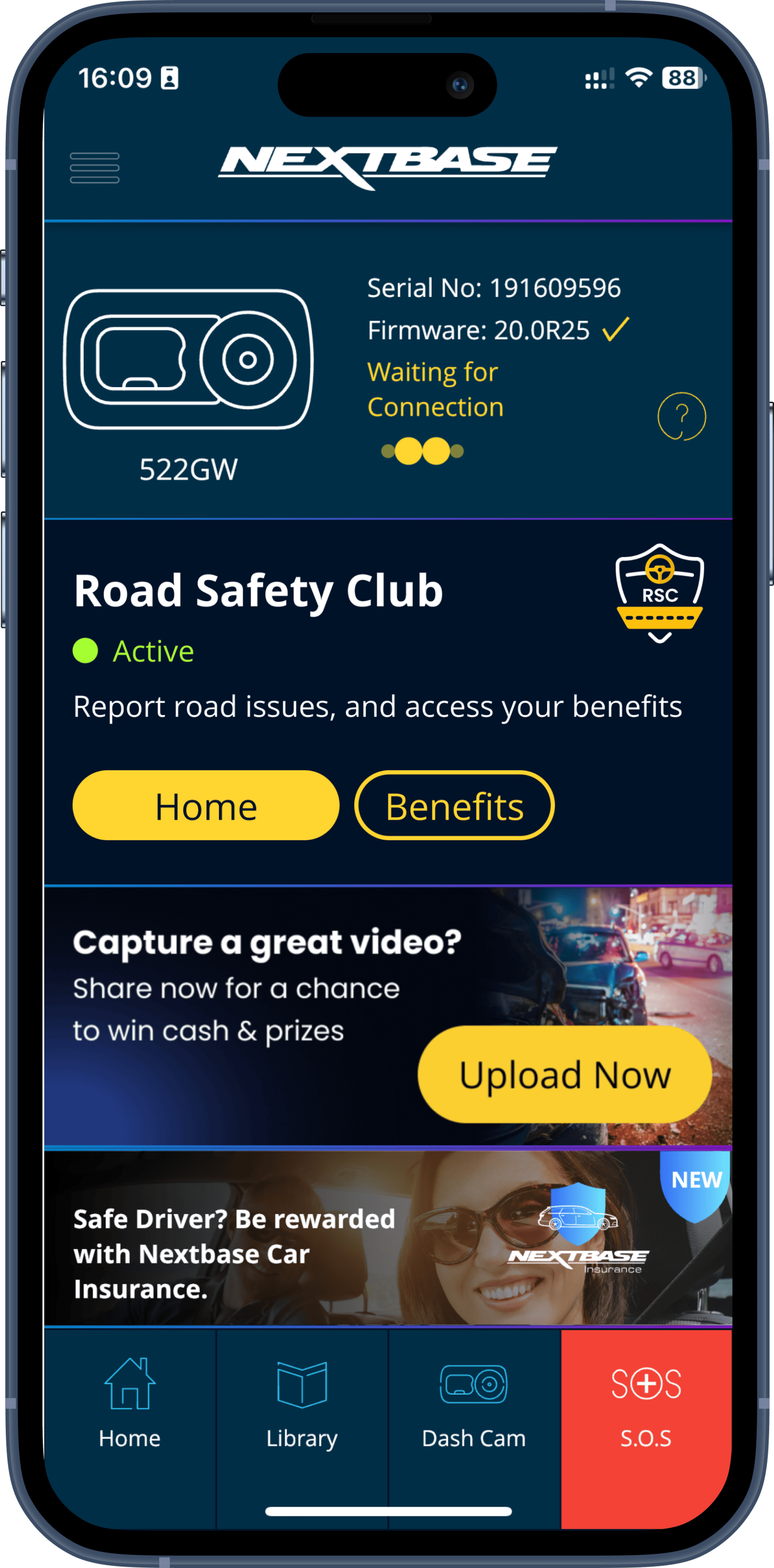 Nextbase app interface displaying dash cam connection, Road Safety Club, and member features.