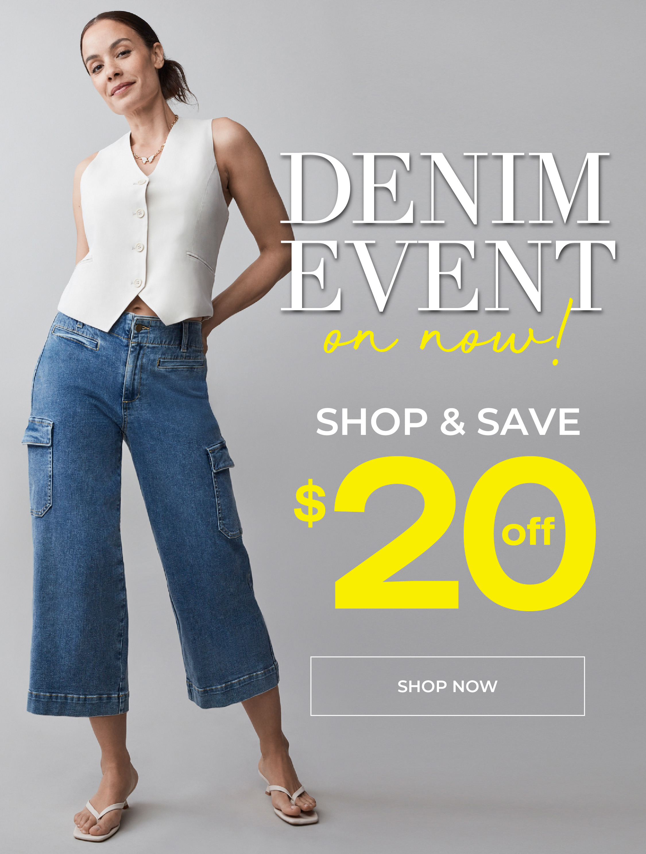 Model promoting a denim event with a $20 discount offer.