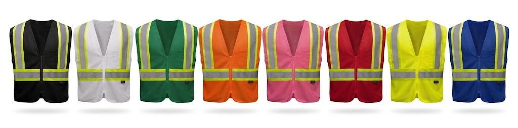 Eight safety vests in various colors arranged in a row.