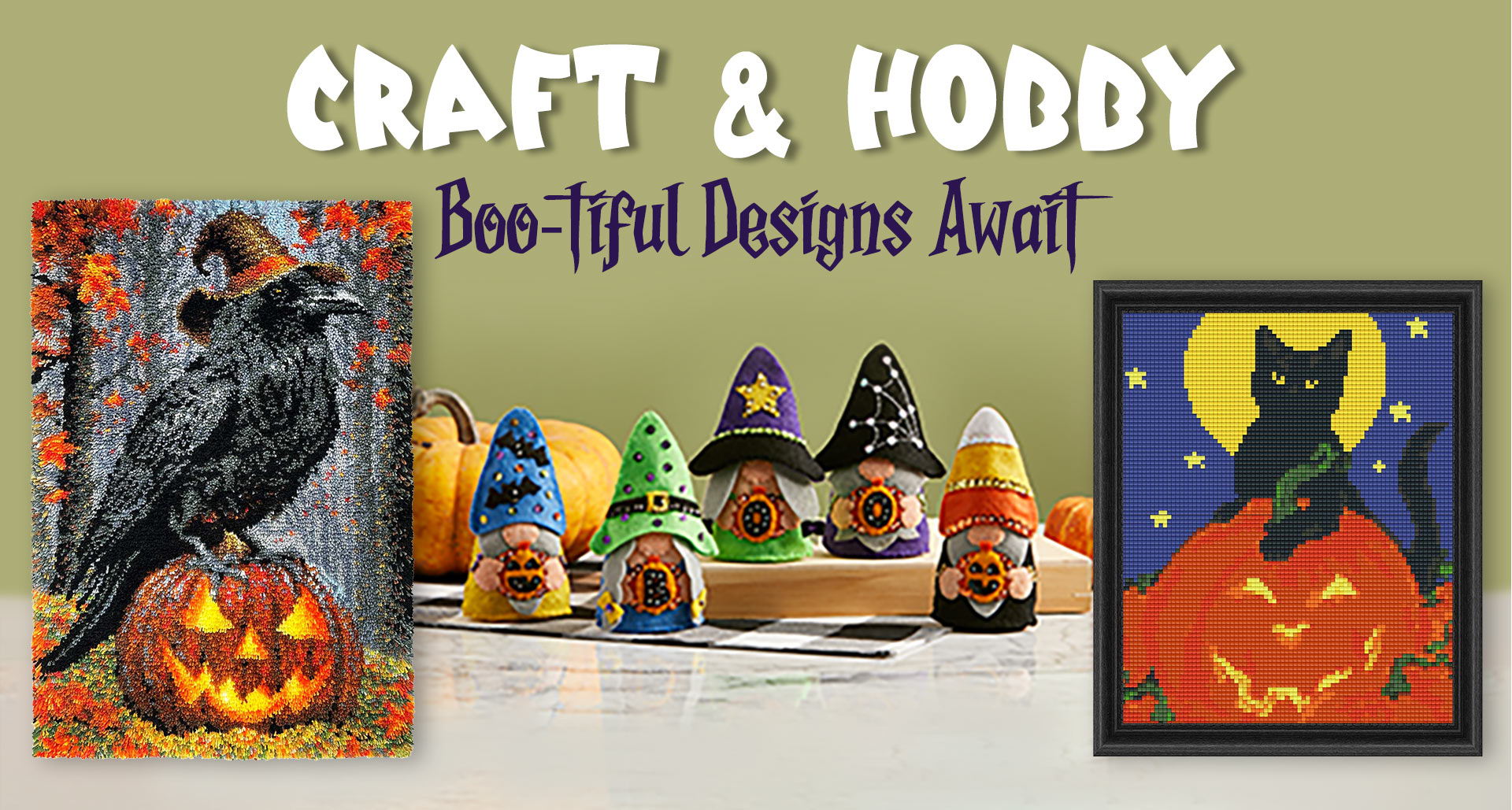 Halloween-themed crafts with pumpkins, a crow, and colorful decorations.