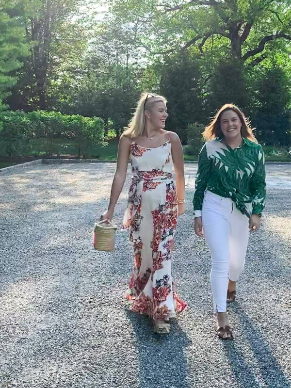 Breck and Grier wearing silk floral bougainvillea printed camisole and skirt and green cotton shirt by Ala von Auersperg