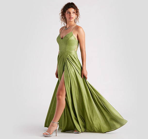 Explore Green Prom Dresses online or in-store including lime, sage, hunter green, or emerald green shades, new necklines and sleeves to instantly make you feel beautiful, and alluring fabrics like green satin or sequin gowns for a post-worthy Prom 2024 outfit!