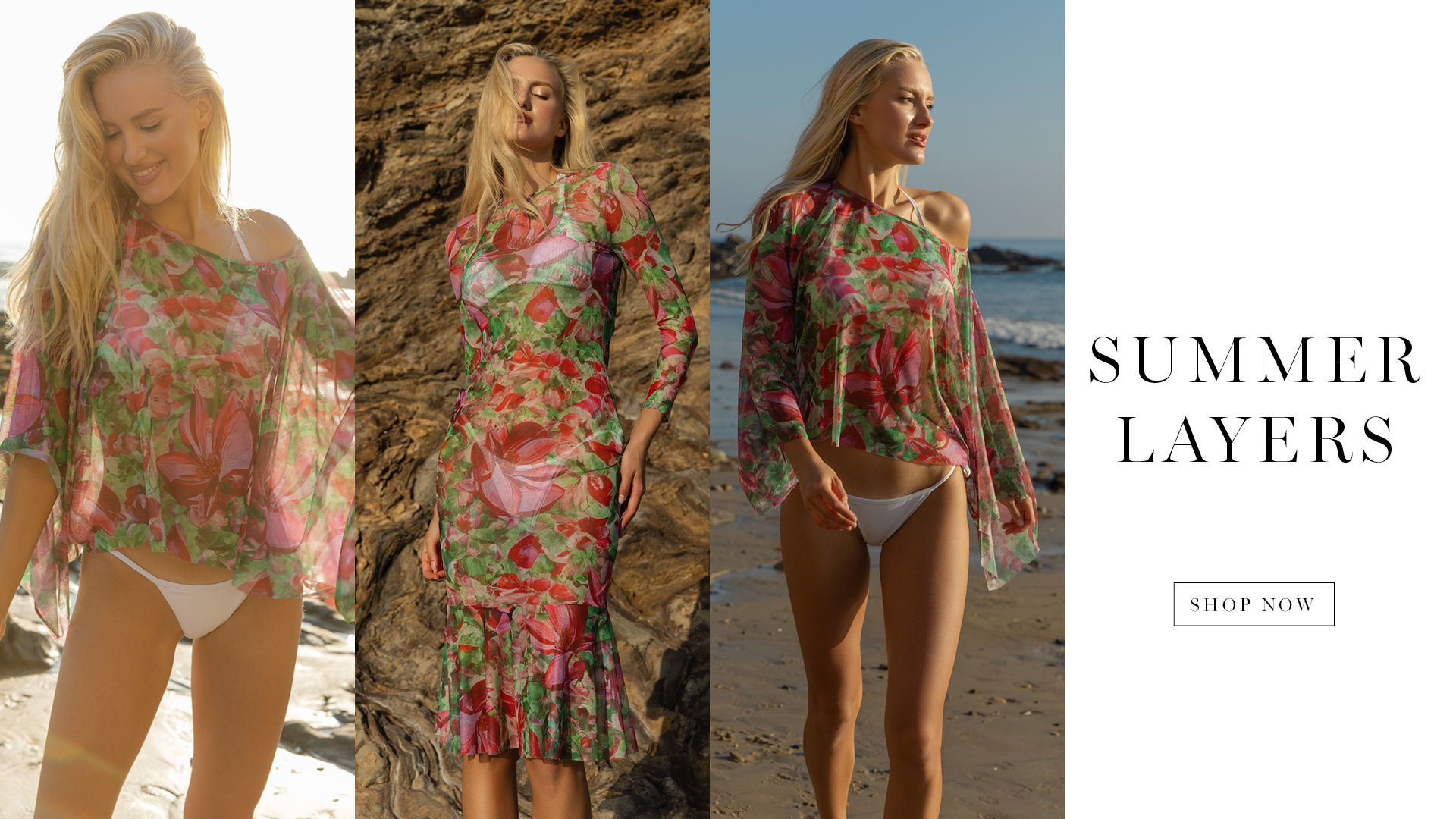 Three images of a woman in floral summer outfits. Text: 