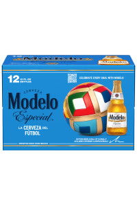 Modelo Especial beer box featuring a soccer ball design.