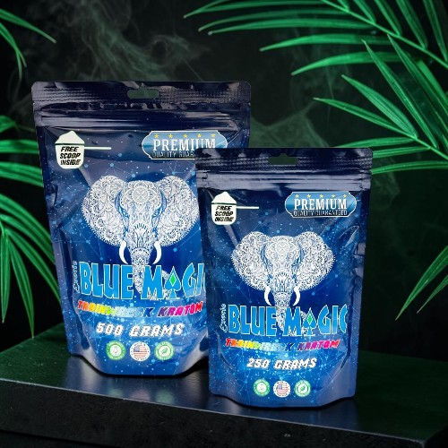 Two bags of Blue Moon product with elephant logo and tropical background.