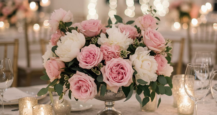 Wedding table centerpiece with pink roses, white peonies, and mercury glass candles.