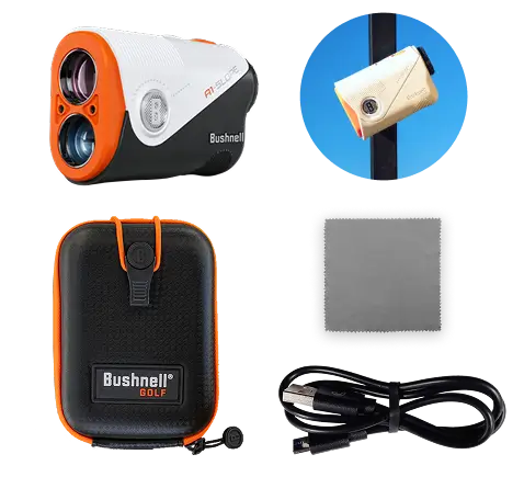 Bushnell rangefinder with accessories: carrying case, charging cable, and mounting bracket.