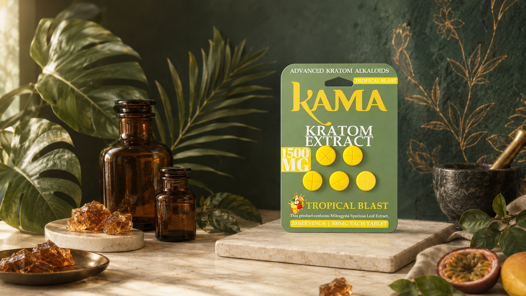 Kama herbal supplement package displayed on a table with plants and jars.