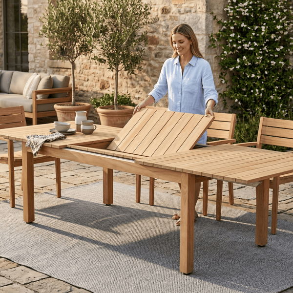 Teak outdoor dining table shown with center extension leaf being added for flexible vacation rental dining.